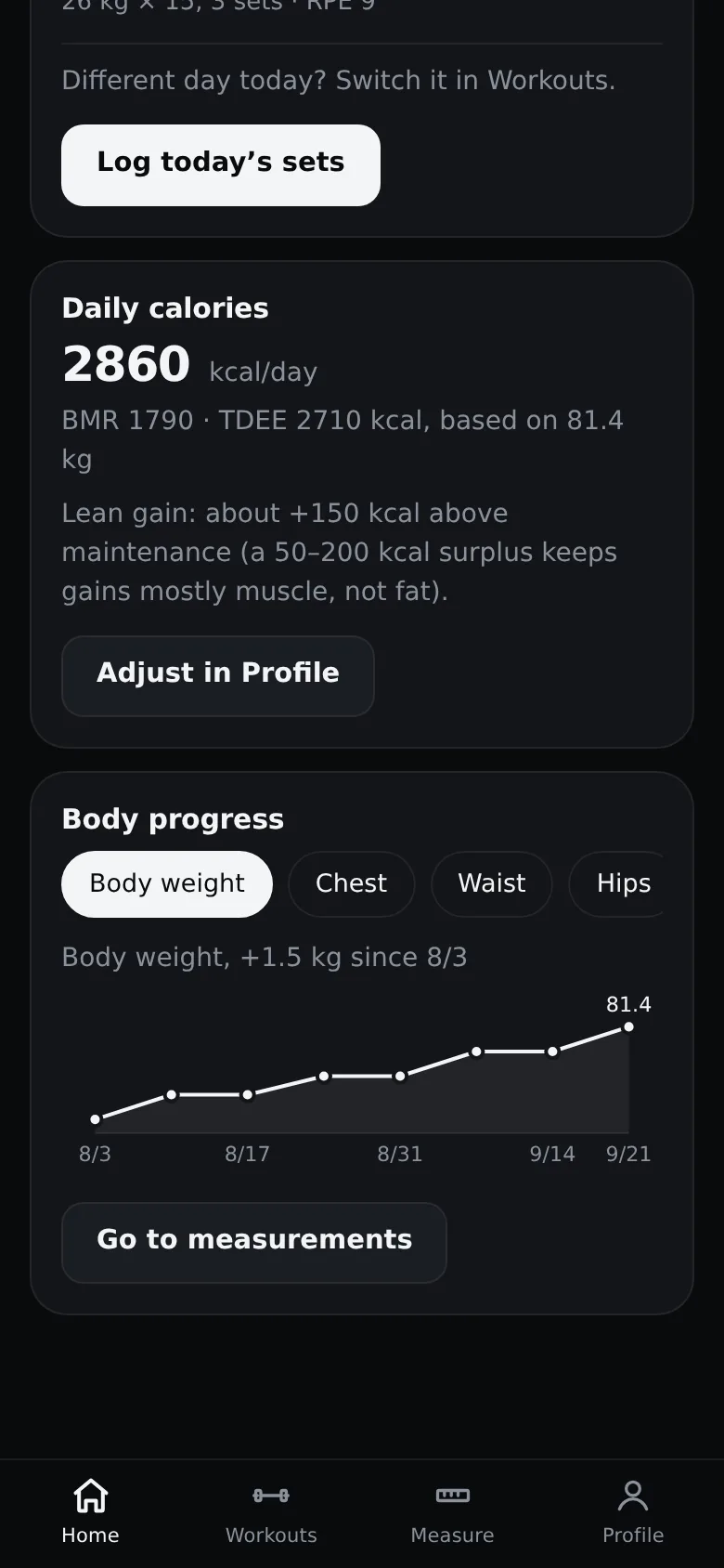 Home screen: the daily calorie target with BMR, TDEE and the body weight it is based on.