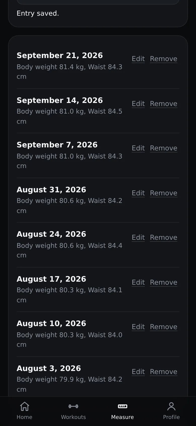Measurements screen: weekly body weight and waist entries.